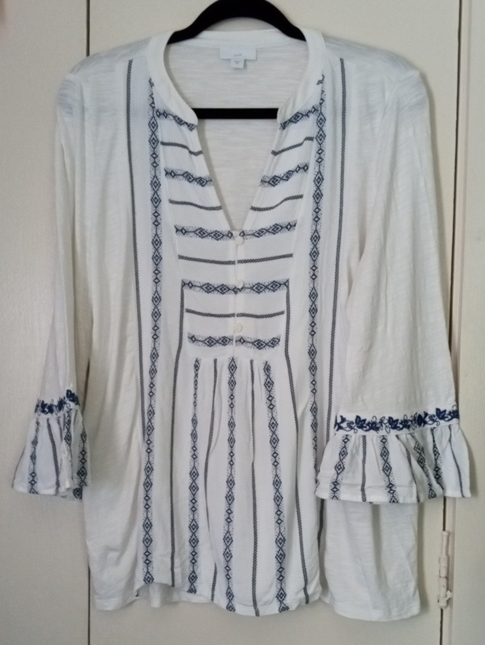 J. Jill White Pima Cotton Tunic with Blue Embroidery Ruffled Bell Sleeves Medium